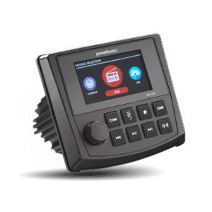 Audio control panel with screen and buttons.