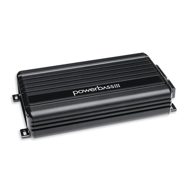Car audio amplifier with Powerbass logo.