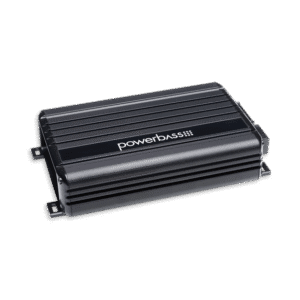 Black PowerBass car audio amplifier on black background.