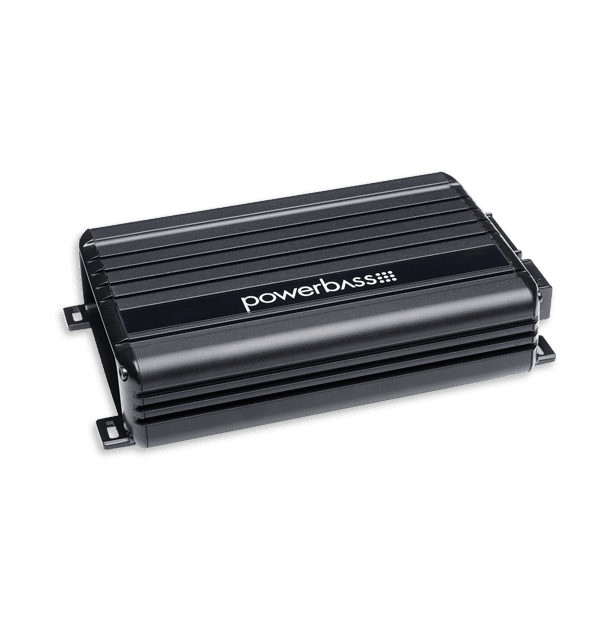Black PowerBass car audio amplifier on black background.