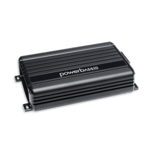Black PowerBass audio amplifier on black background.