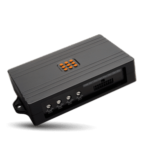 Black electronic device with orange logo.