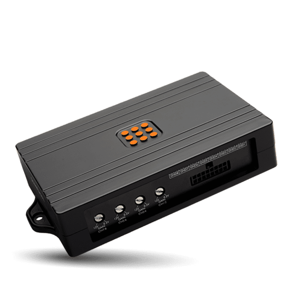 Black electronic device with orange logo.