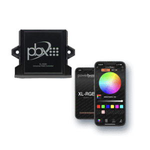 RGB controller with mobile app interface display.