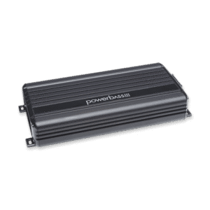 Black PowerBass car audio amplifier on display.