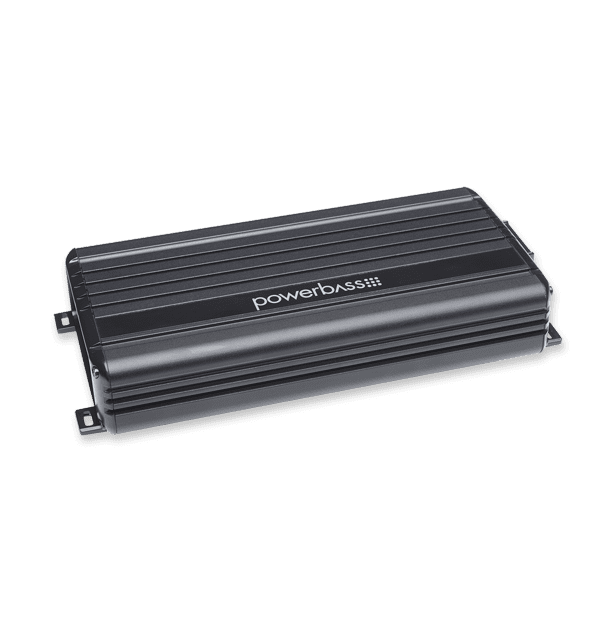 Black PowerBass car audio amplifier on display.