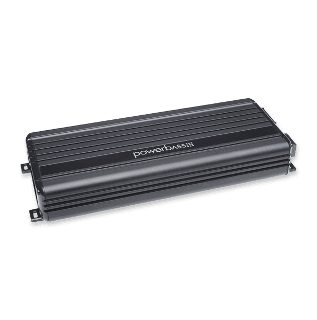 Car audio amplifier on black background.