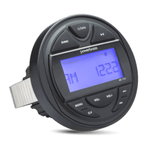 Round digital radio with LCD screen display.