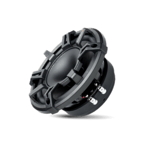 Black audio speaker on black background.