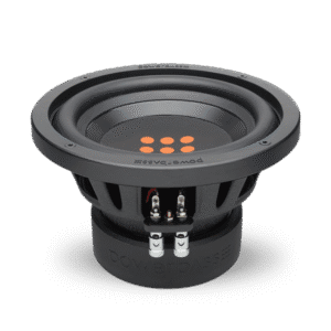 Car audio subwoofer with orange logo.