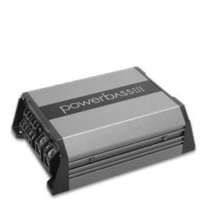 PowerBass car audio amplifier on black background.