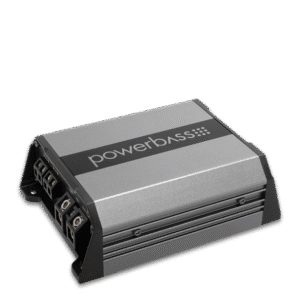 Powerbass car audio amplifier on black background.