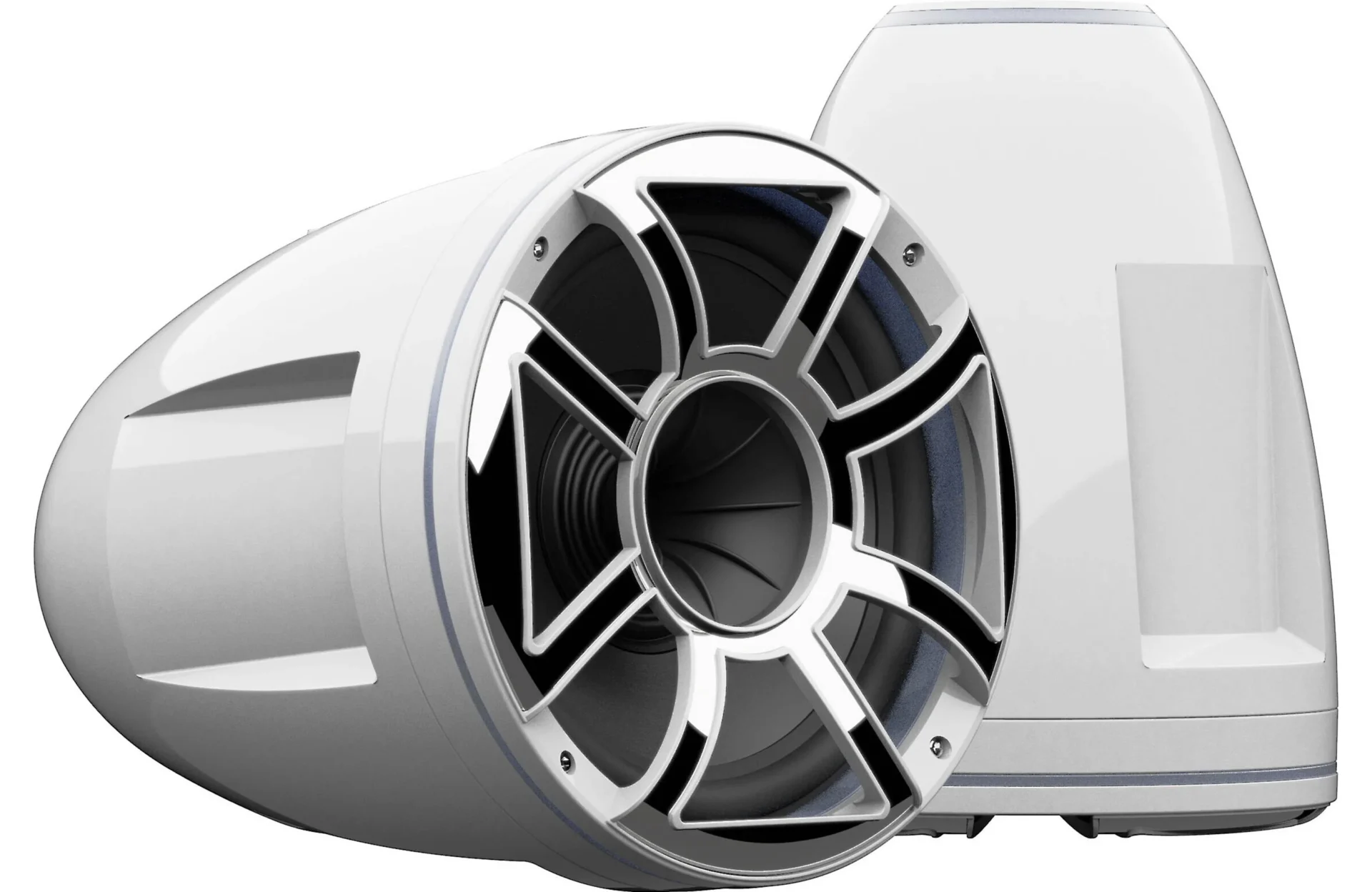 White marine audio speakers on display.