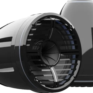 Black futuristic speaker with sleek design.