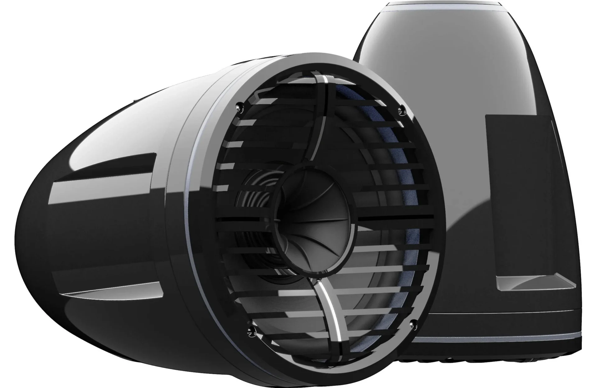 Black futuristic speaker with sleek design.