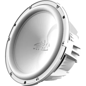 White subwoofer speaker with sleek design.