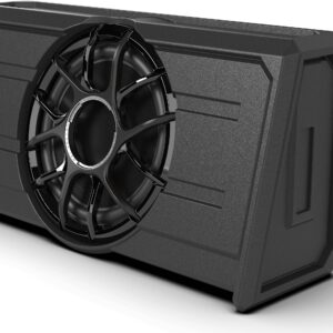 Black rectangular speaker with circular grille design.