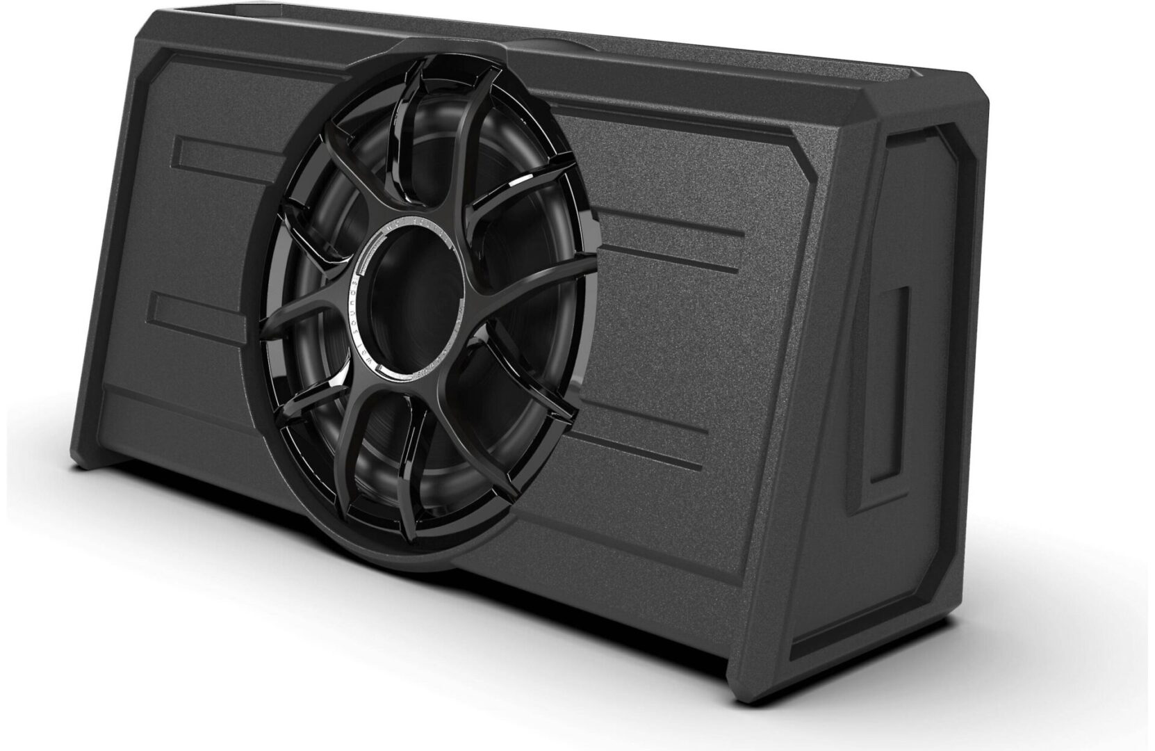 Black rectangular speaker with circular grille design.