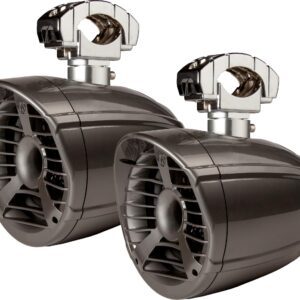 Two black marine wakeboard tower speakers.