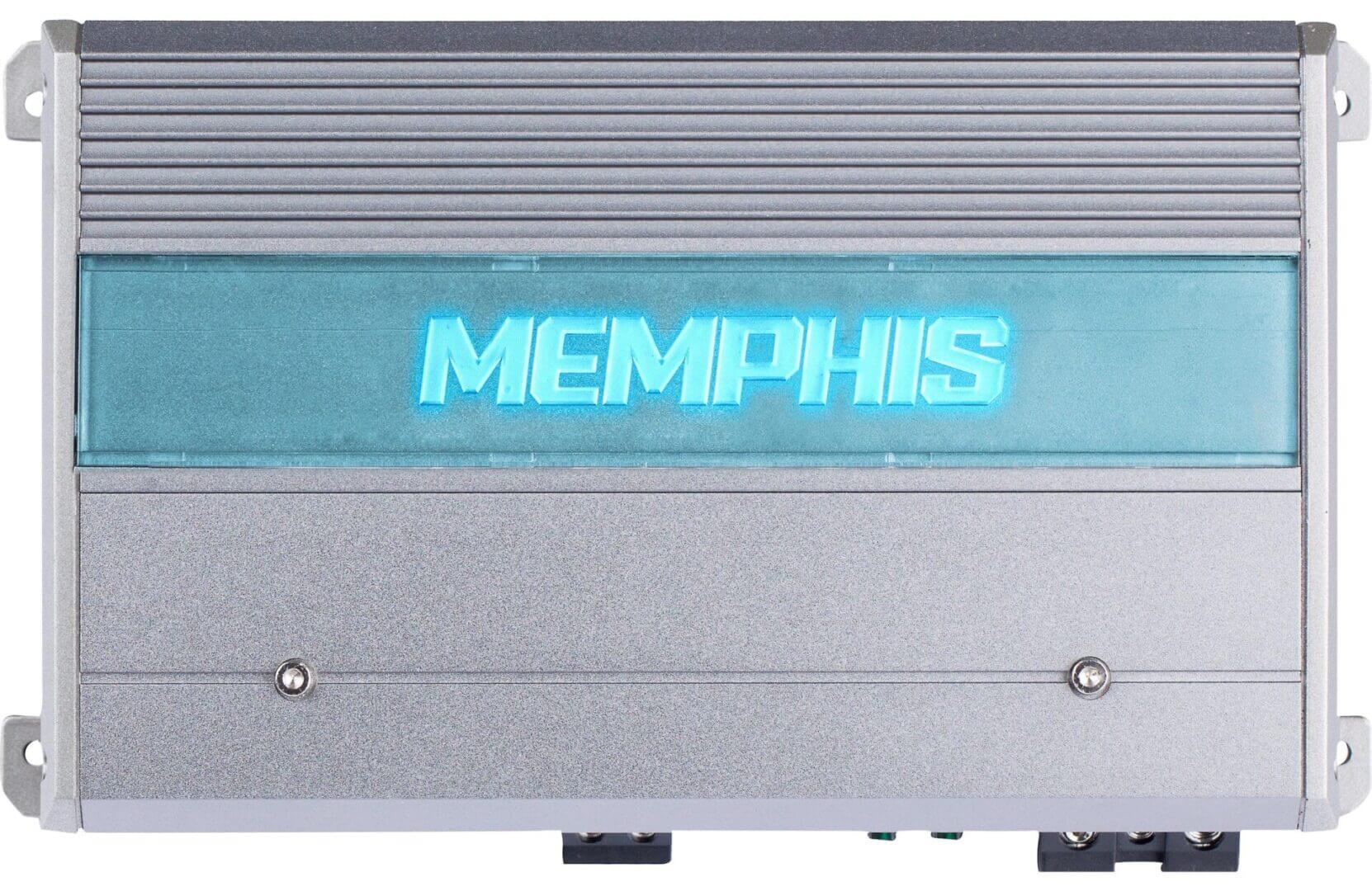 Silver amplifier with glowing "Memphis" logo.