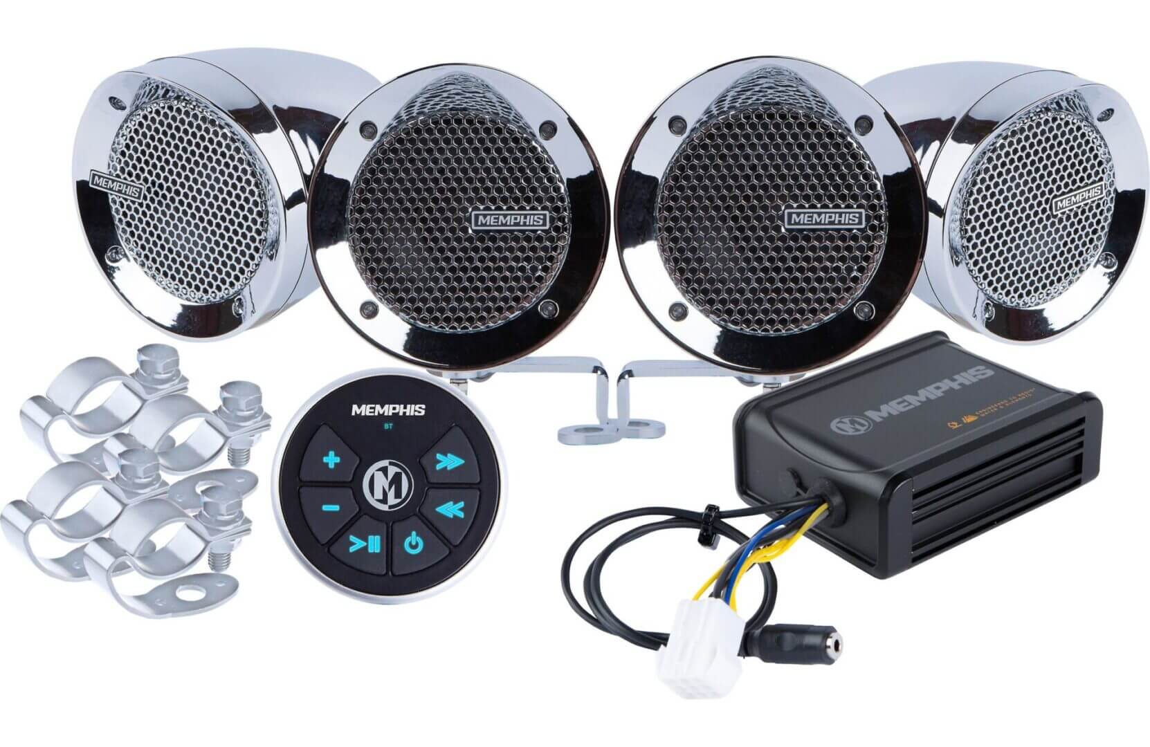 Marine audio system with speakers and controller.