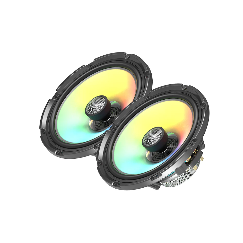 Two colorful car audio speakers, isolated.