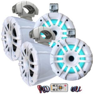 White marine speakers with LED lights.