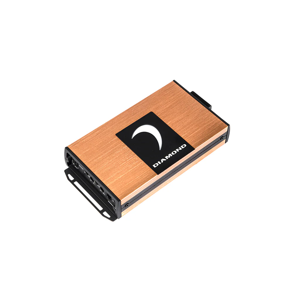 Copper-colored electronic device with a logo.