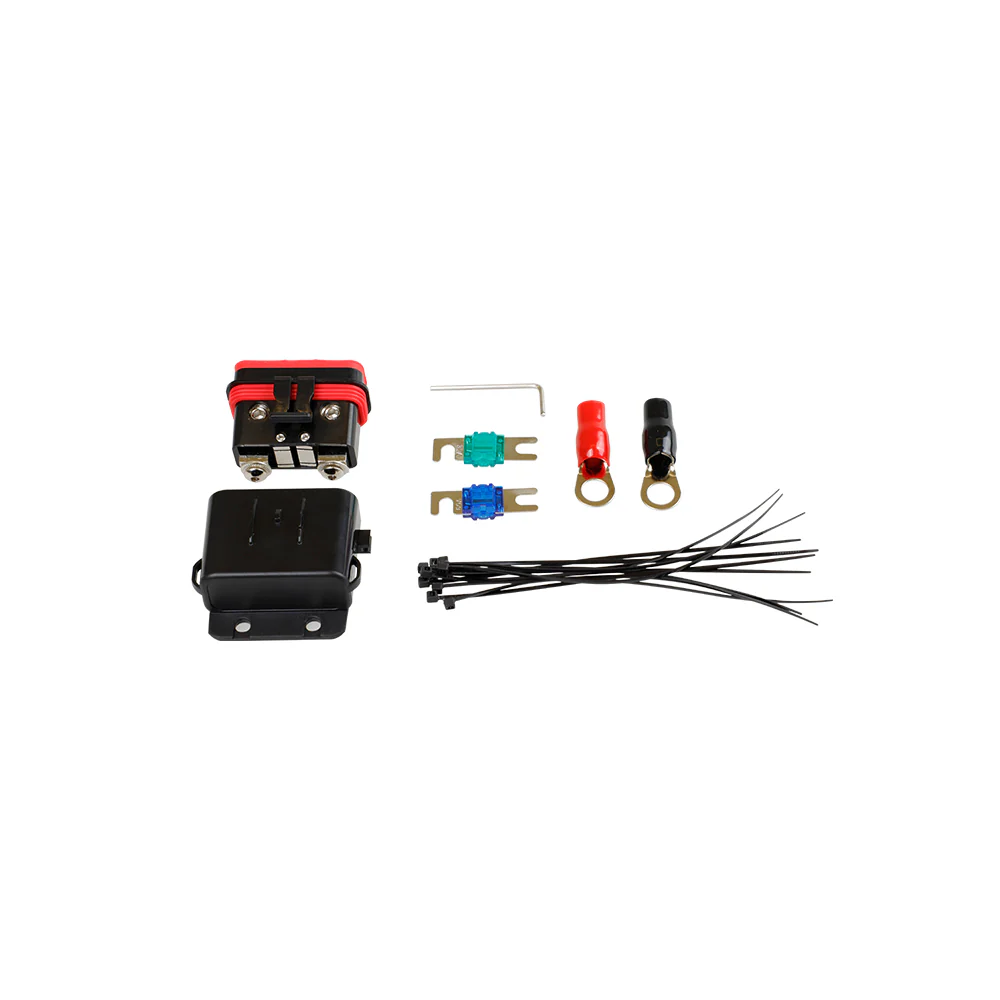 Electrical components and accessories on white background.