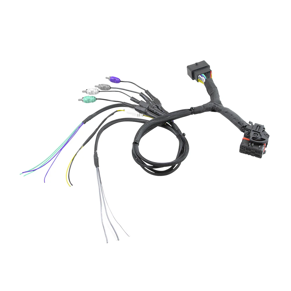 Car stereo wiring harness with connectors.