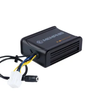 Black electronic device with attached cables.