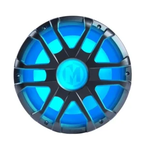 Blue and black futuristic wheel hubcap design.