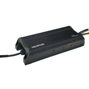 Black car audio amplifier with connectors.