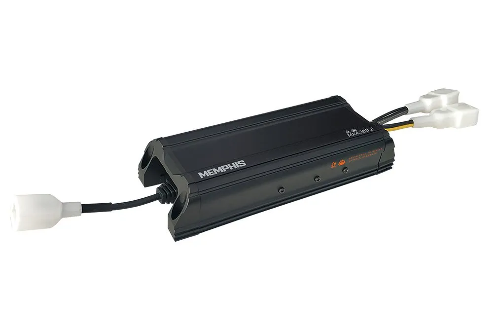 Black car audio amplifier with connectors.
