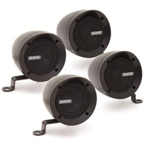 Four black round speakers on stands.