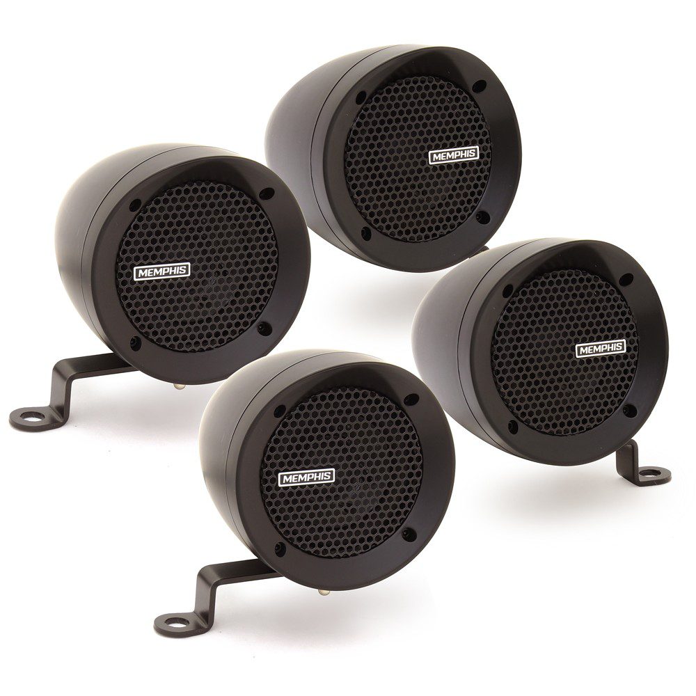 Four black round speakers on stands.