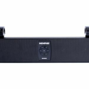 Black soundbar with control panel and mounts.