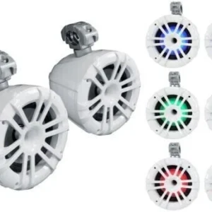 White speakers with colorful LED lights.