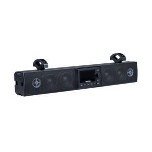 Black portable speaker with multiple speakers.