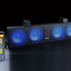 Phone and soundbar with blue lights.