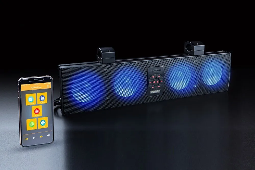 Phone and soundbar with blue lights.