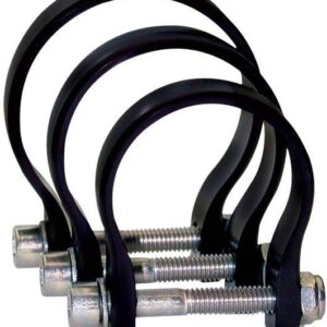 Three black U-bolts with nuts and bolts.