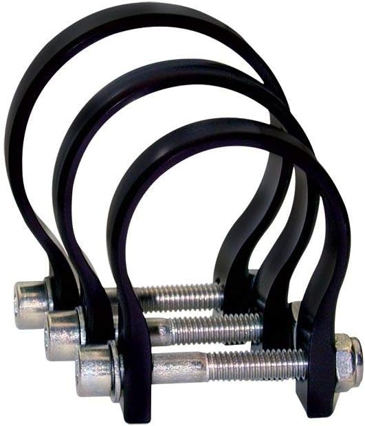 Three black U-bolts with nuts and bolts.