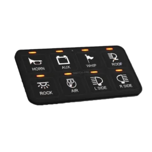 Backlit vehicle switch panel with icons.