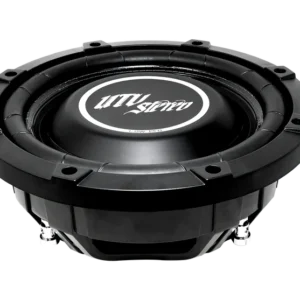 Black car subwoofer on a black background.