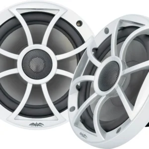 White car speakers with grille design.