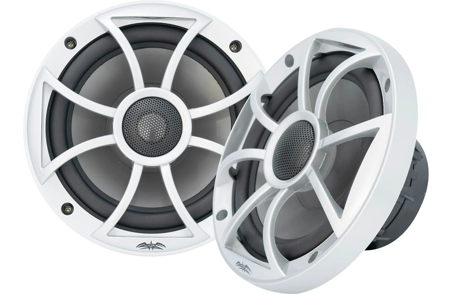 White car speakers with grille design.