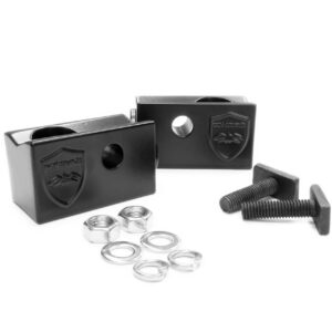 Black metal brackets with bolts and washers.