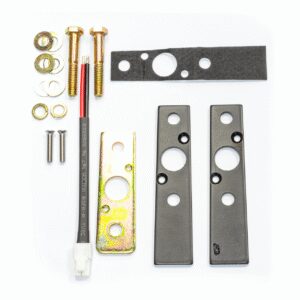 Hardware components and connectors on white background.