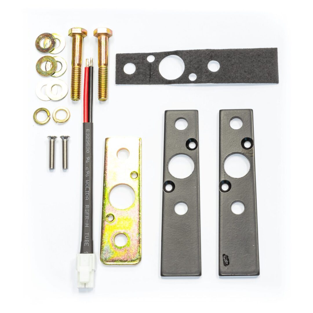 Hardware components and connectors on white background.